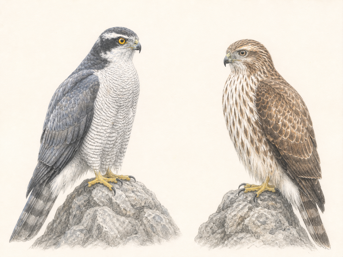 オオタカのよくある質問|成鳥と幼鳥の羽色の違いがわかる色鉛筆画