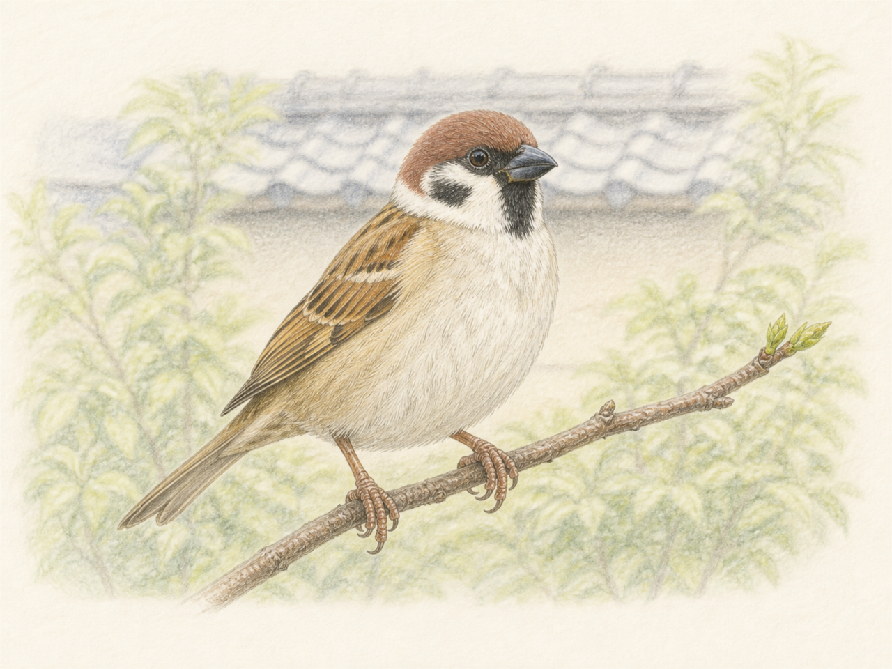 スズメ 茶色い小鳥 白い頬の黒い斑