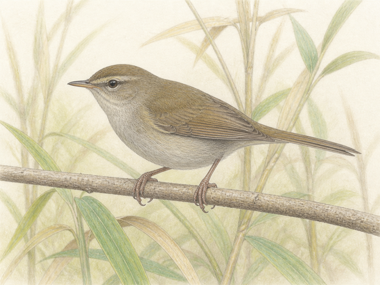 ウグイス 灰褐色の鳥 淡い眉斑と長い尾