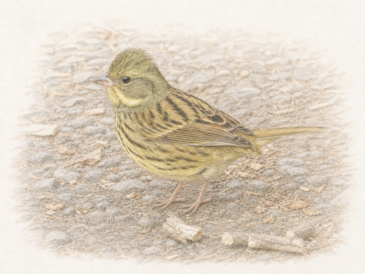 アオジ 地面に立つ黄緑色と茶色の鳥 胸の縦斑の色鉛筆画