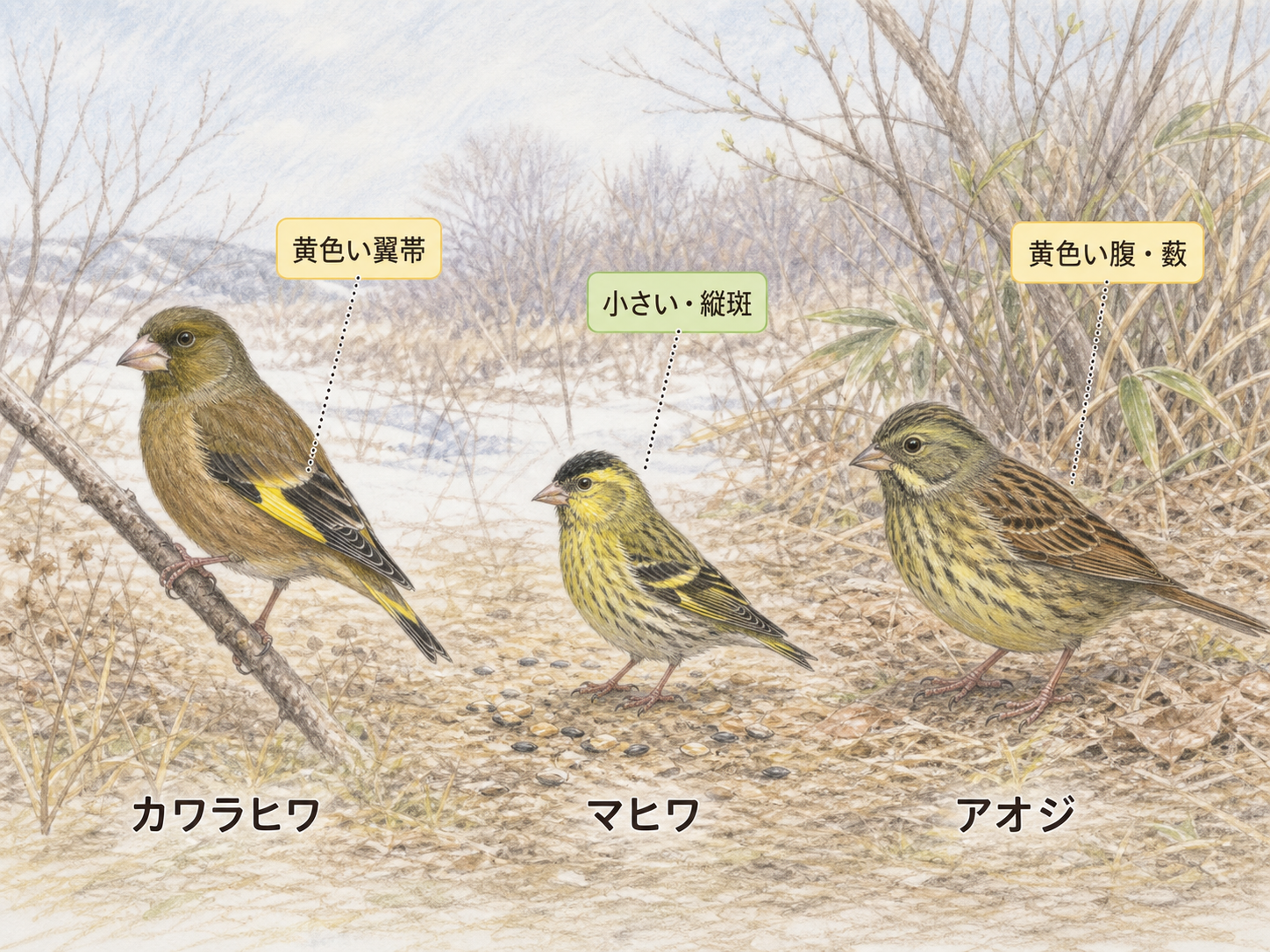 カワラヒワとマヒワとアオジの黄色や緑色の羽と大きさの違いを示す図解
