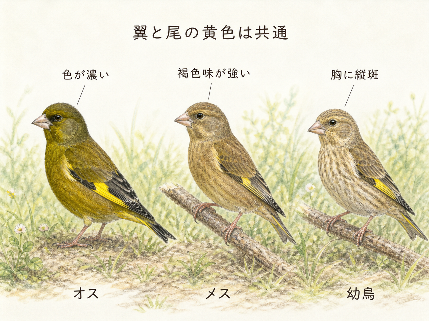 カワラヒワのオスとメスと幼鳥の羽色や縦斑の違いを示す図解