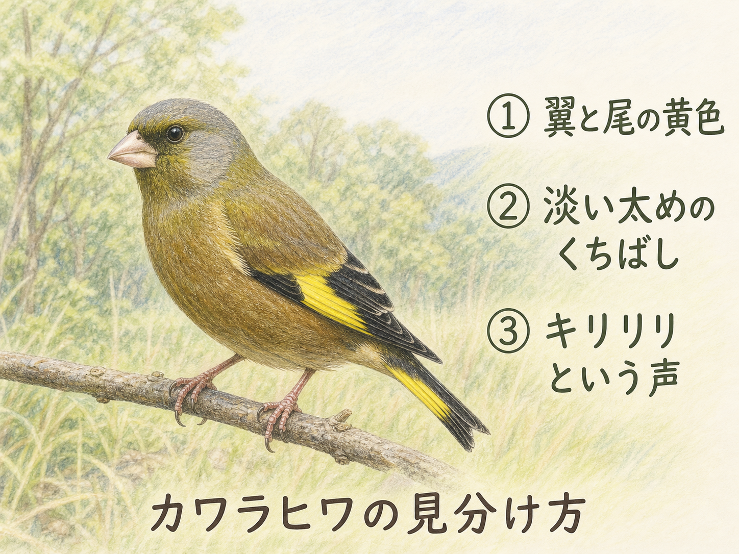 カワラヒワを黄色い翼帯と太いくちばしと鳴き声で見分ける3ポイントの図解