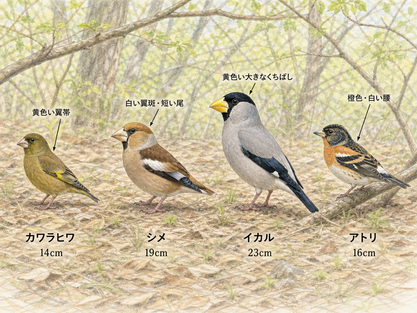 カワラヒワ、シメ、イカル、アトリのくちばしと羽色と大きさの違いを示す図解