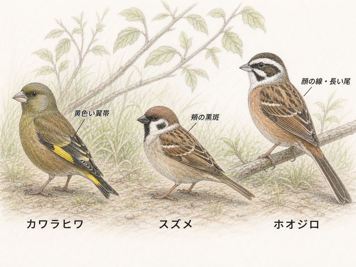 カワラヒワとスズメとホオジロの羽色や顔と尾の違いを示す図解