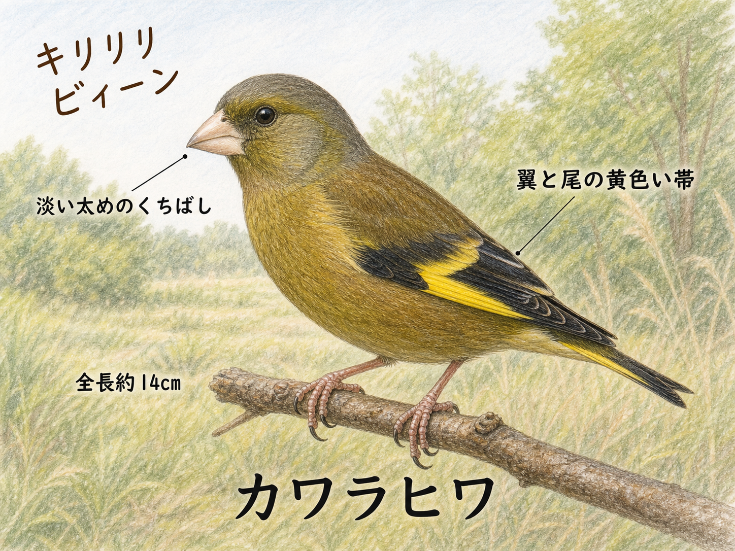 カワラヒワの黄色い翼帯と太いくちばしとキリリリという鳴き声を示す図解