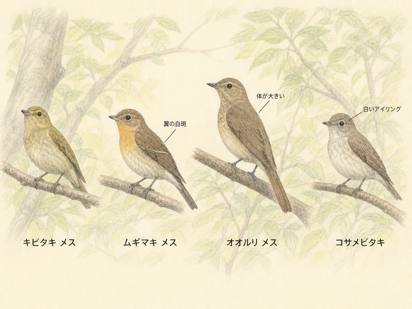 キビタキ・ムギマキ・オオルリのメスとコサメビタキの見分け方を示した図
