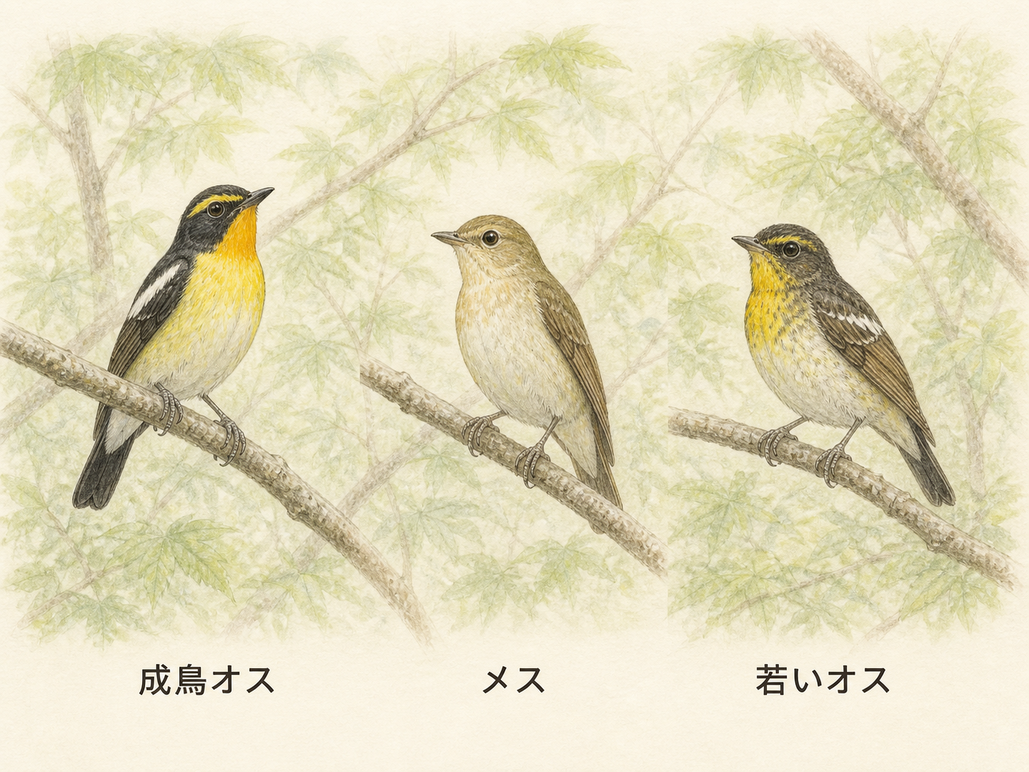 キビタキの成鳥オス、メス、若いオスの羽色の違いを並べた色鉛筆画