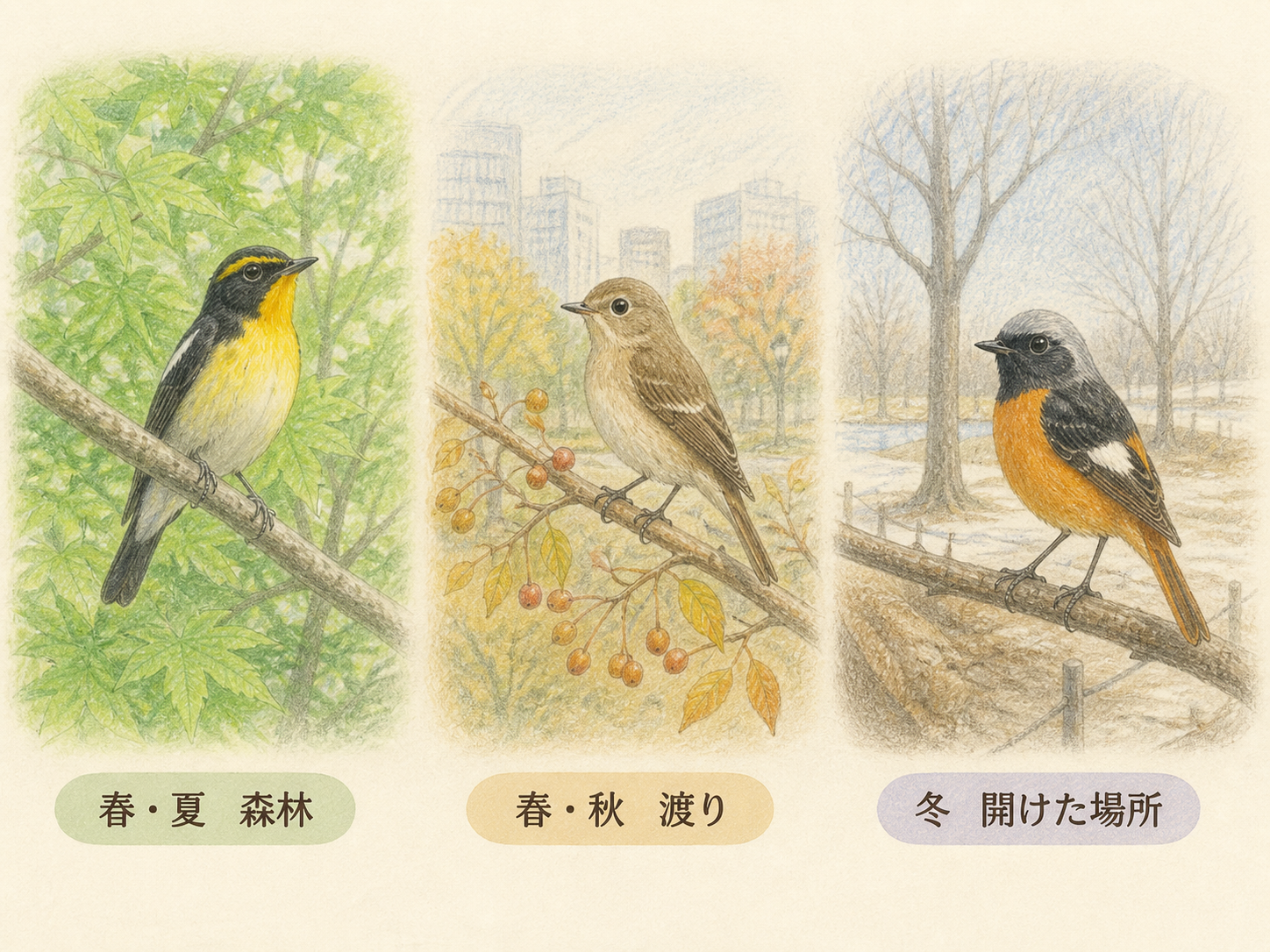 春夏の森林・春秋の渡り・冬の開けた場所で見られる似た鳥の比較図