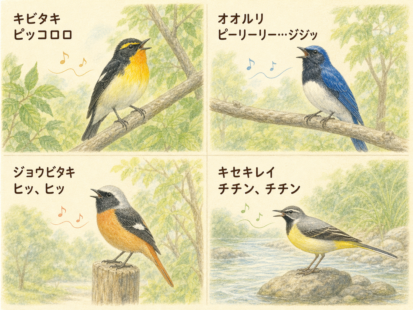 キビタキ・オオルリ・ジョウビタキ・キセキレイの鳴き声を日本語で示した図解