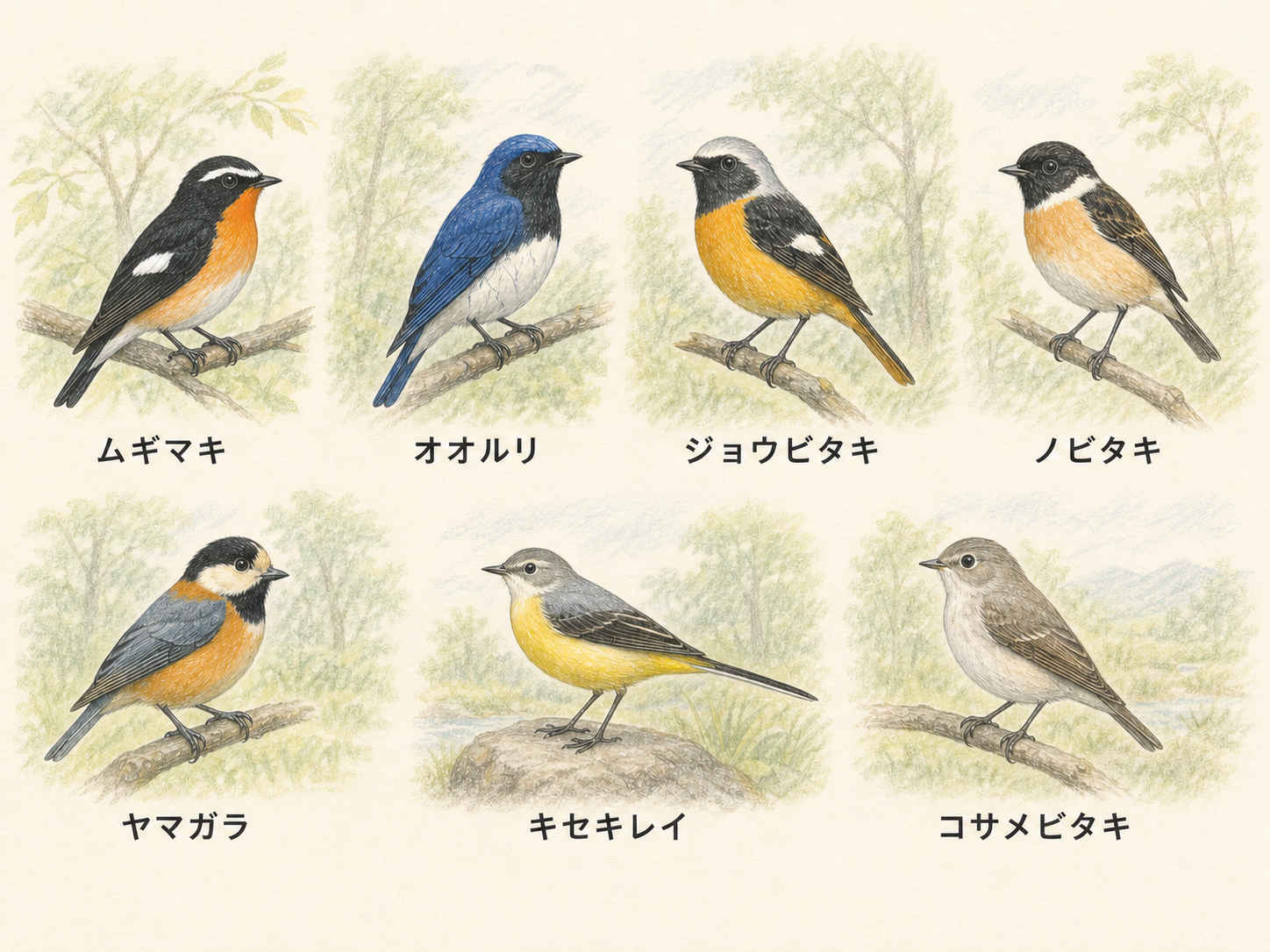 ムギマキ・オオルリ・ジョウビタキ・ノビタキ・ヤマガラ・キセキレイ・コサメビタキの比較図