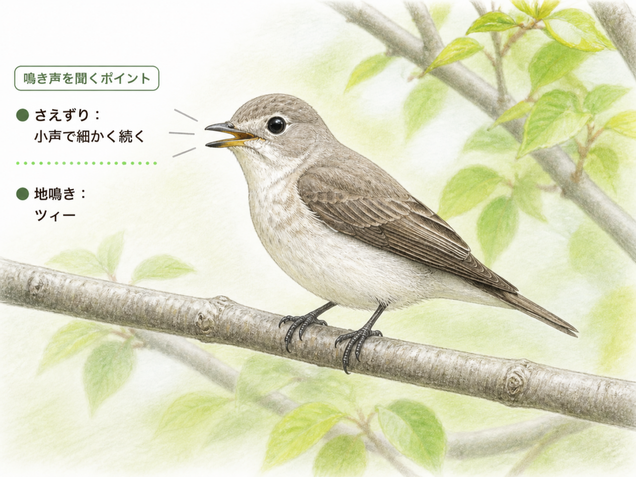 枝で鳴くコサメビタキと、さえずり・地鳴きの聞き方を示す図