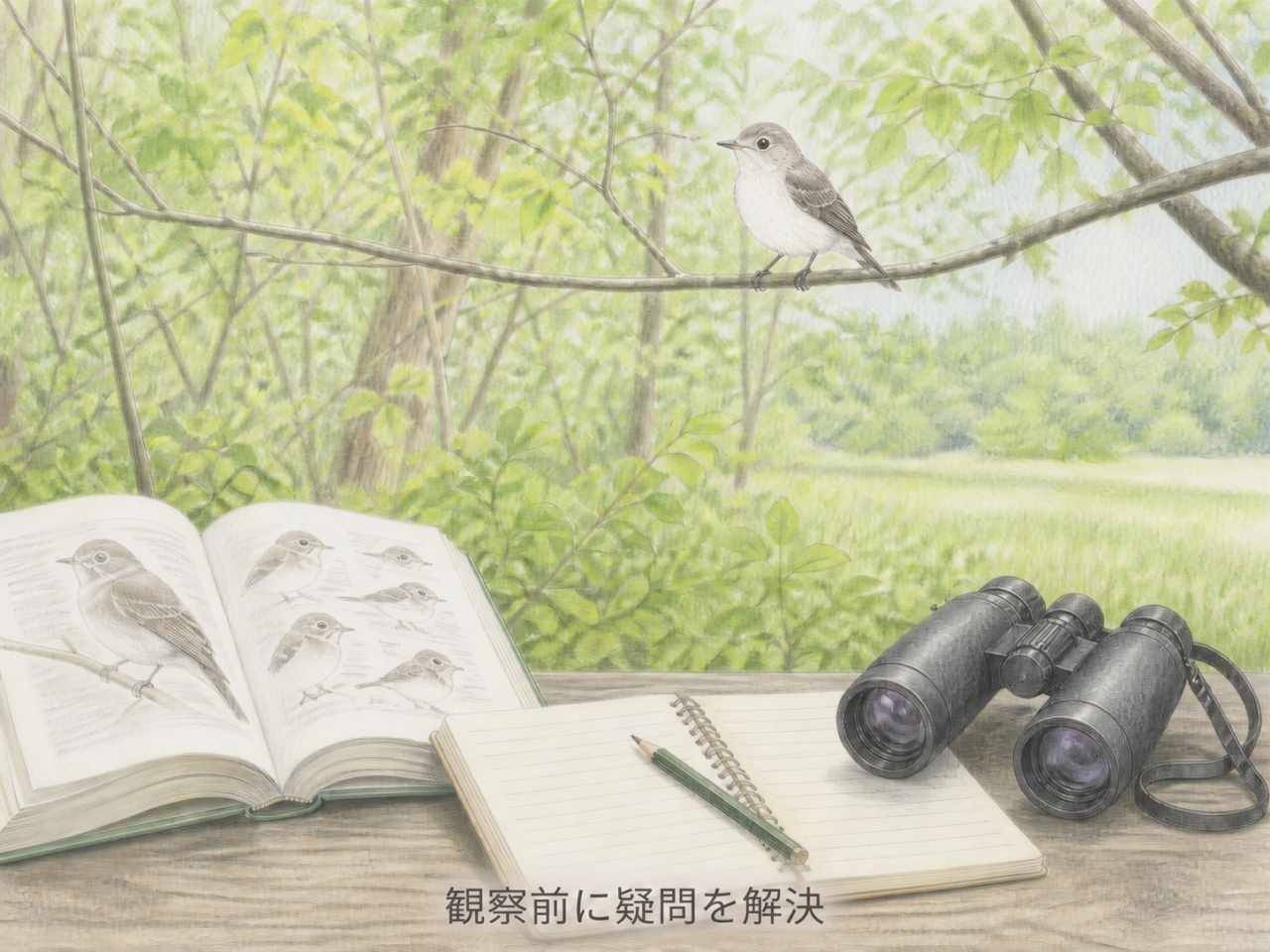 コサメビタキを観察するための双眼鏡・野鳥図鑑・観察ノートの図