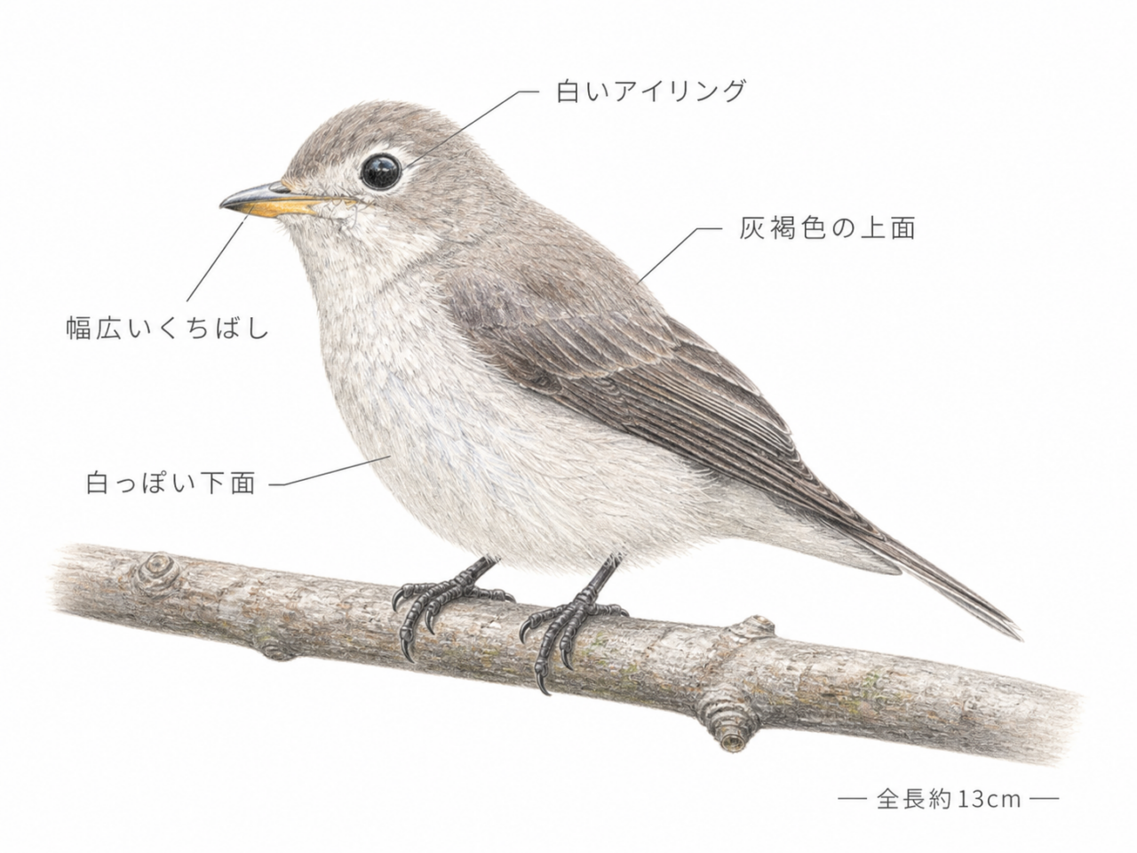 コサメビタキの白いアイリング・灰褐色の上面・白い下面・幅広いくちばしを示す図