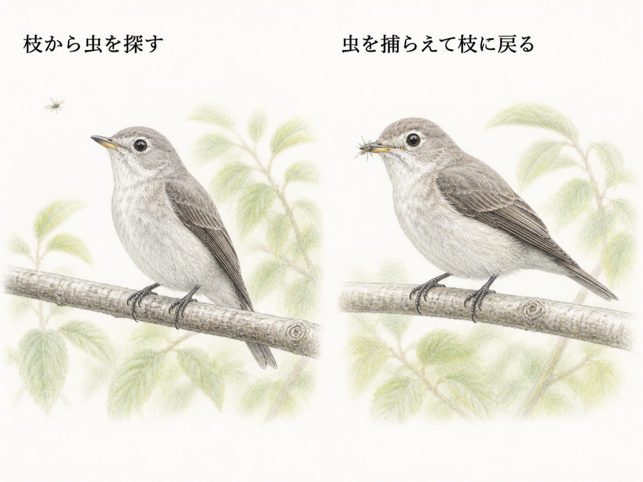 コサメビタキが枝から虫を探し、捕らえて枝へ戻る採餌行動の図