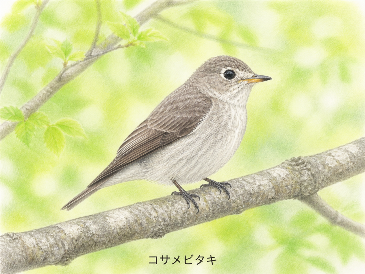 明るい落葉広葉樹林の枝に止まるコサメビタキの淡い色鉛筆画