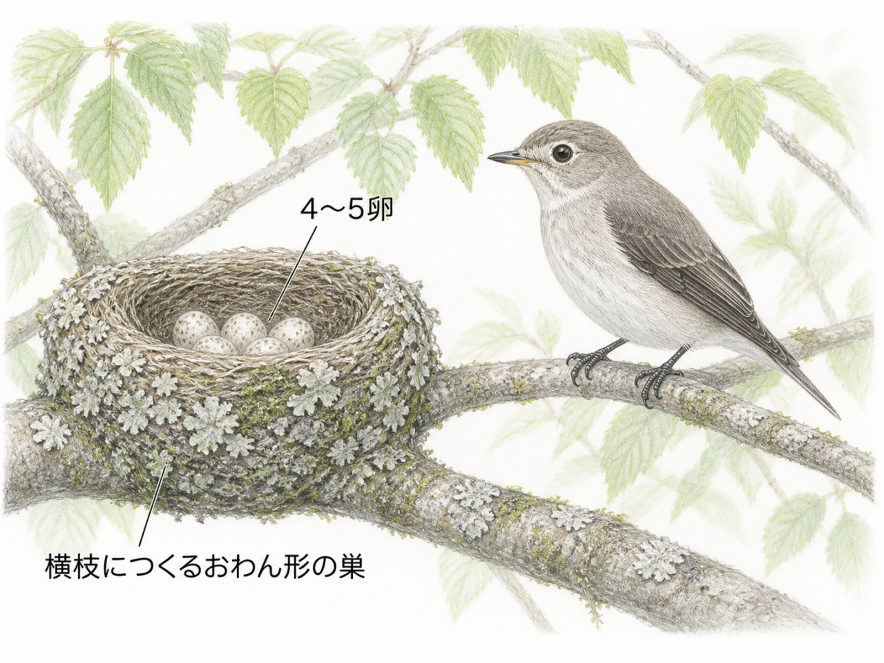 横枝のおわん形の巣と4〜5卵、そのそばに止まるコサメビタキの図
