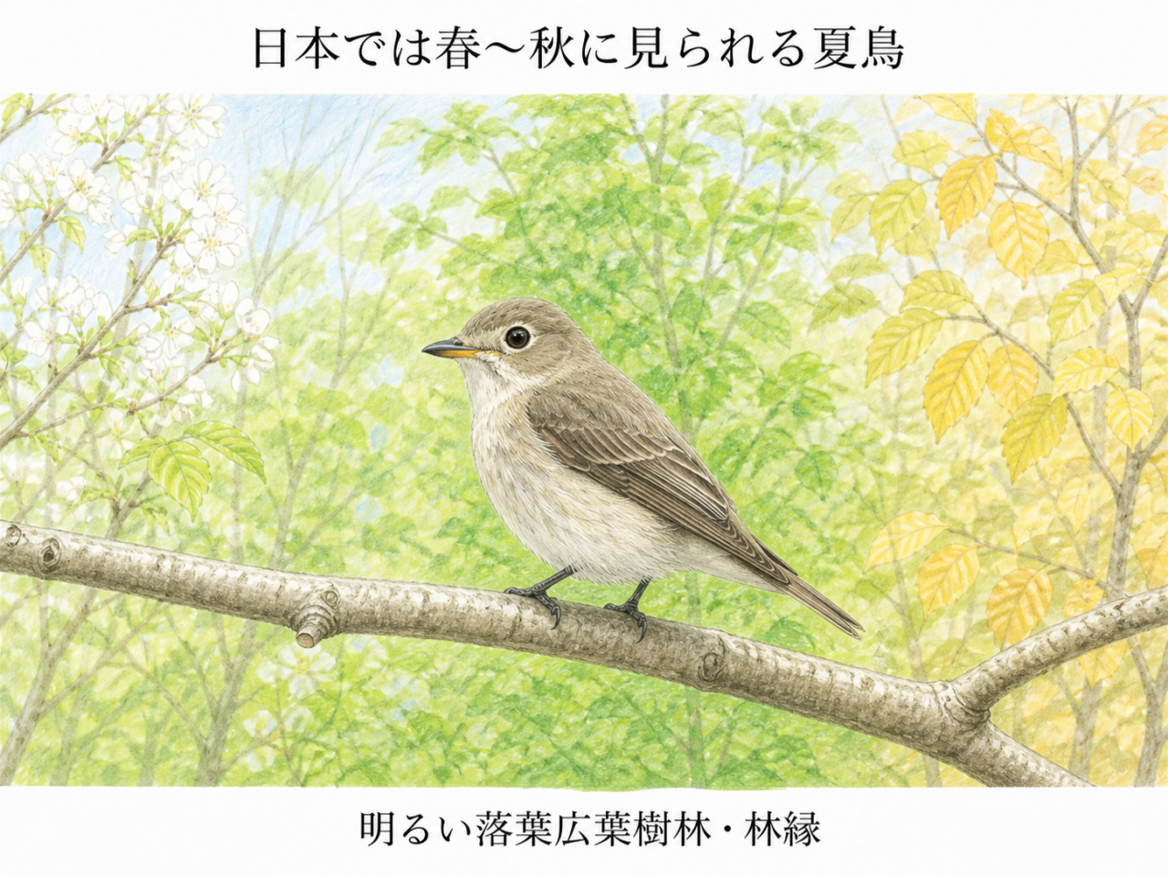 春から秋の明るい落葉広葉樹林で見られるコサメビタキの図