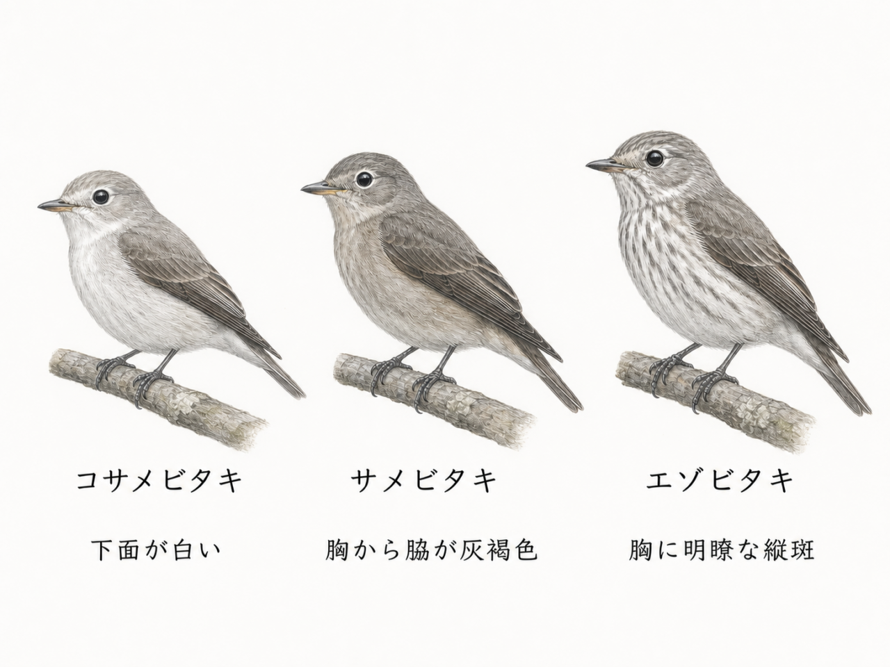 コサメビタキ・サメビタキ・エゾビタキの下面と胸の模様を比べた識別図