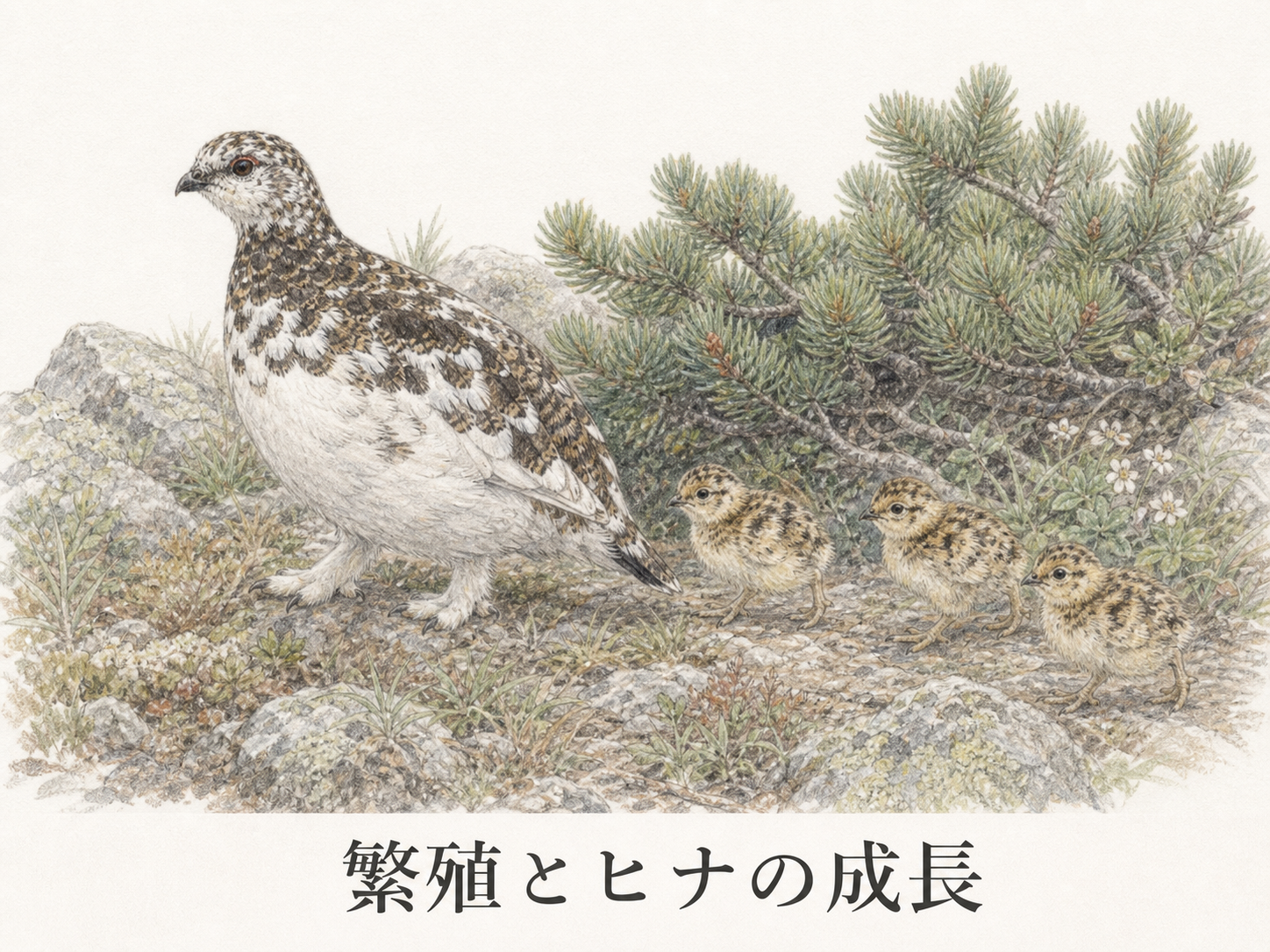 ライチョウの繁殖 メスとヒナの成長