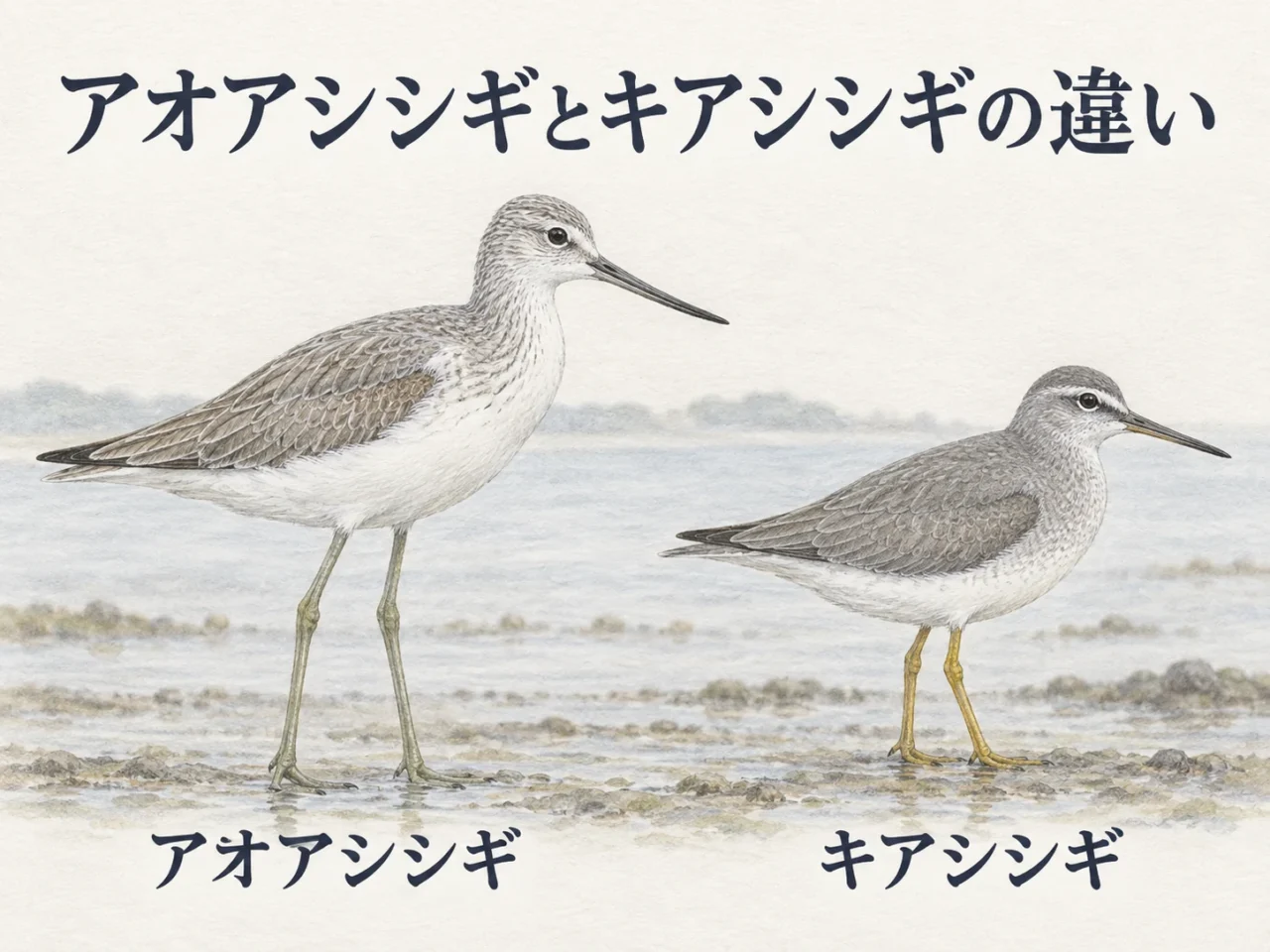 左のアオアシシギと右のキアシシギの大きさ、くちばし、脚を比較するイラスト