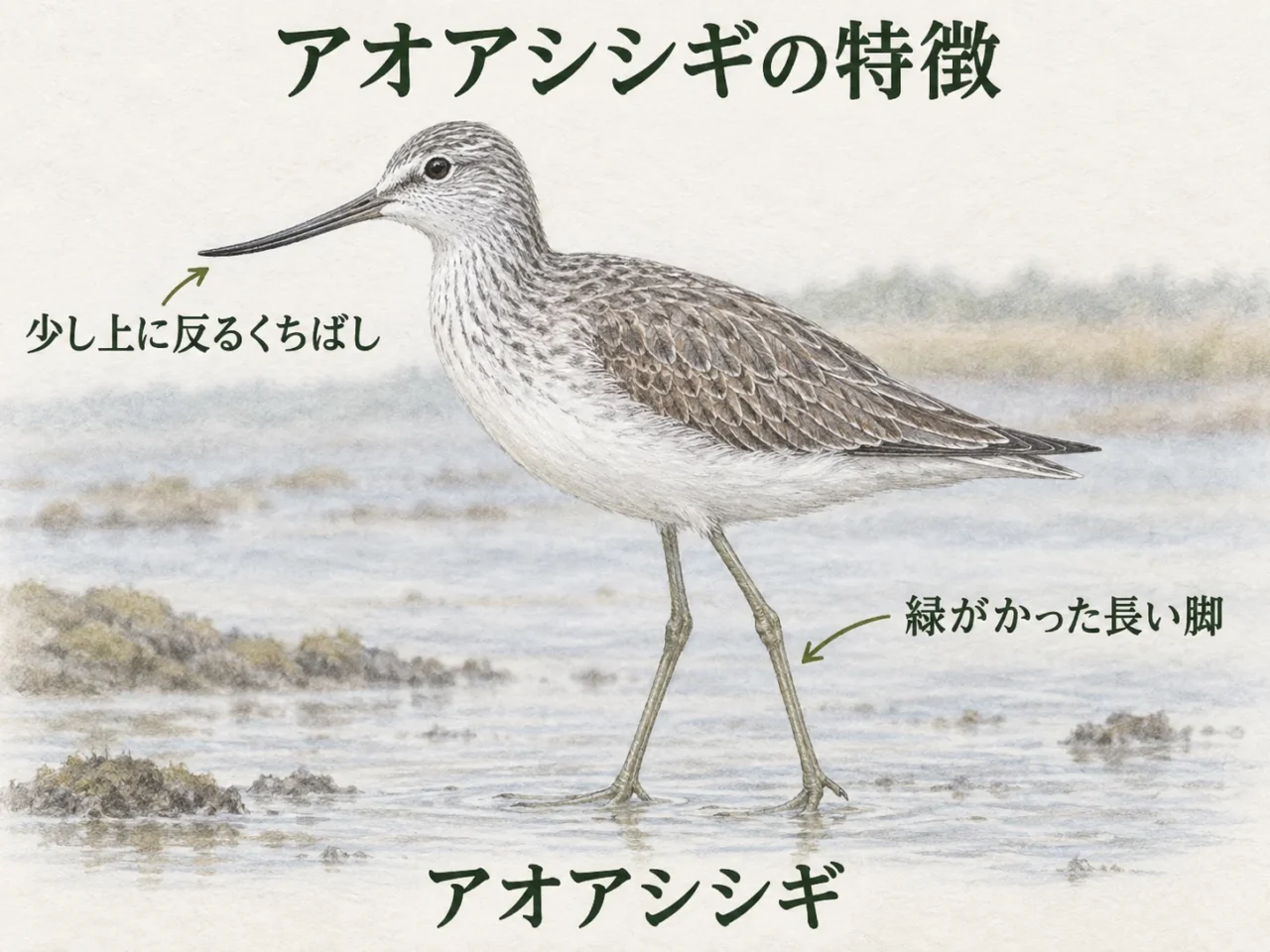 アオアシシギの長い脚、少し上に反るくちばし、白いお腹の特徴を示すイラスト