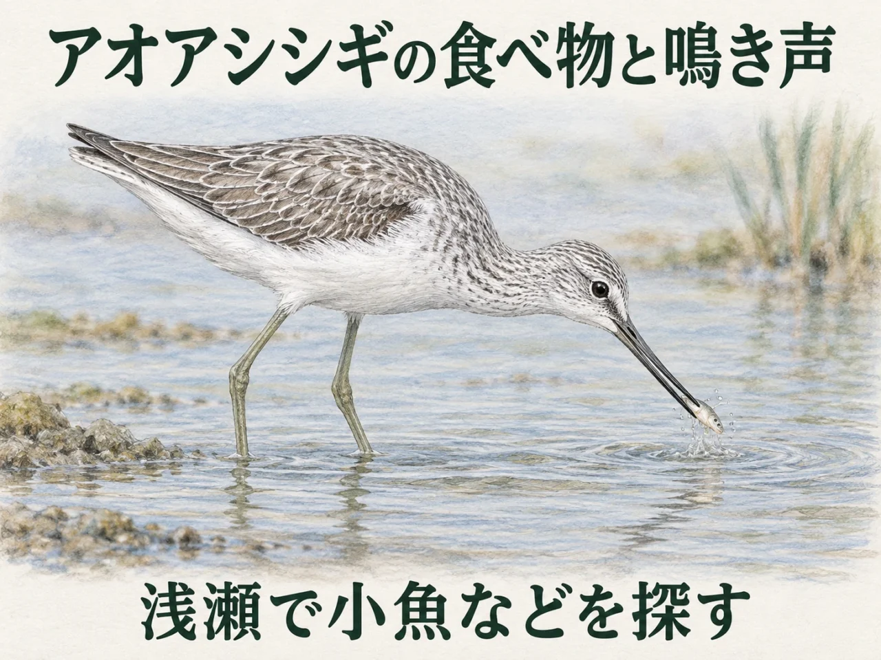 浅瀬で採食するアオアシシギと、鳴き声や食べ物を説明するイラスト