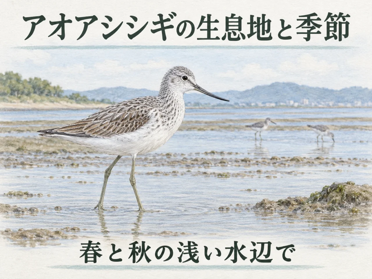 アオアシシギが見られる干潟や内陸の浅い水辺と、渡りの季節を示すイラスト