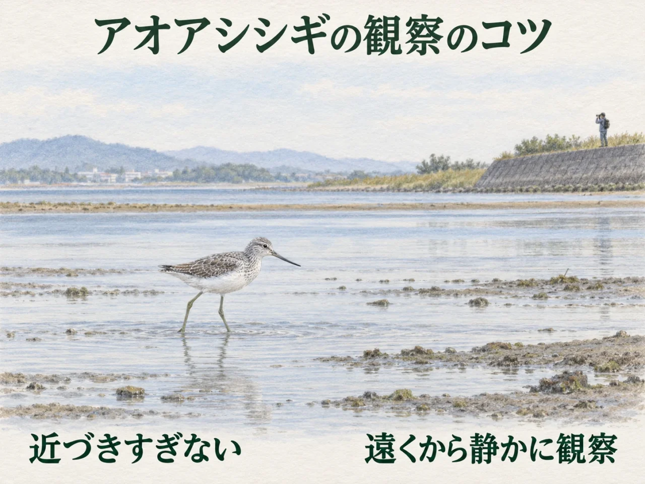 観察場所から距離を保ち、双眼鏡で水辺のアオアシシギを探すイラスト