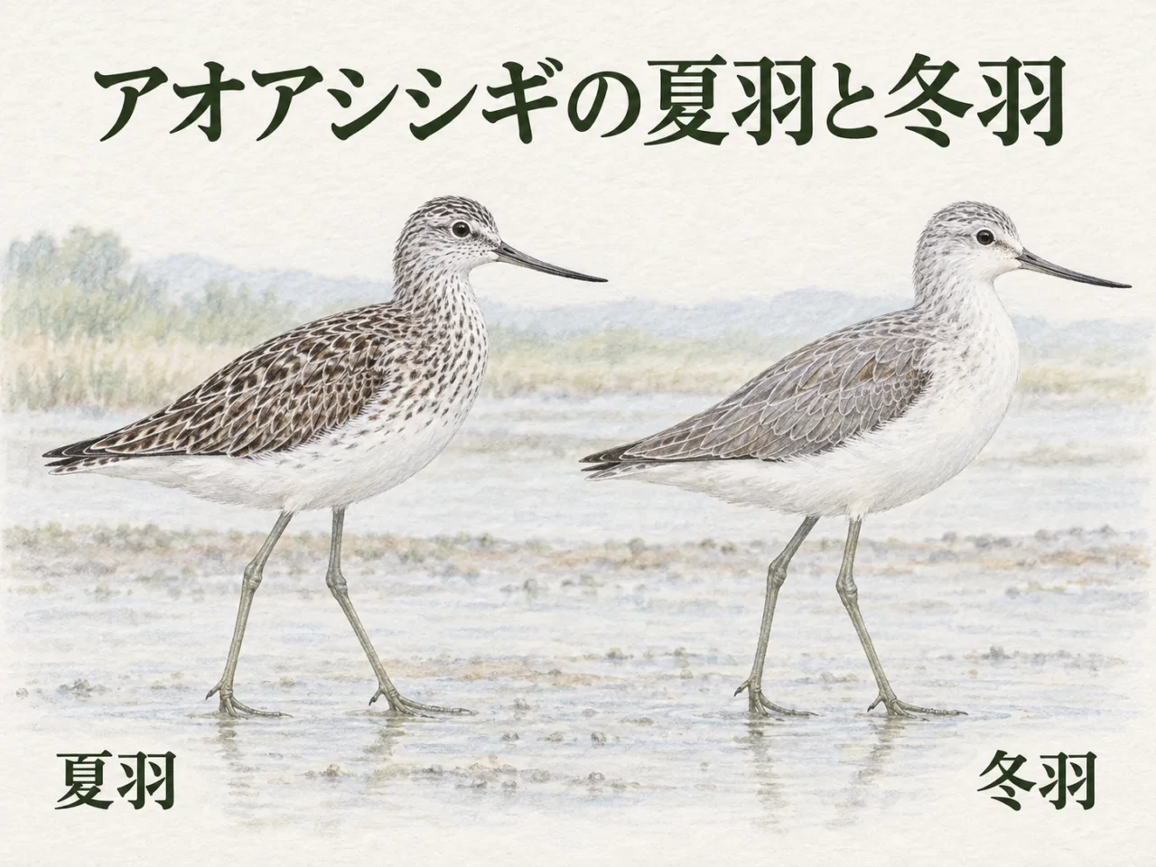 アオアシシギの夏羽・冬羽・幼鳥の羽色や模様を比較するイラスト