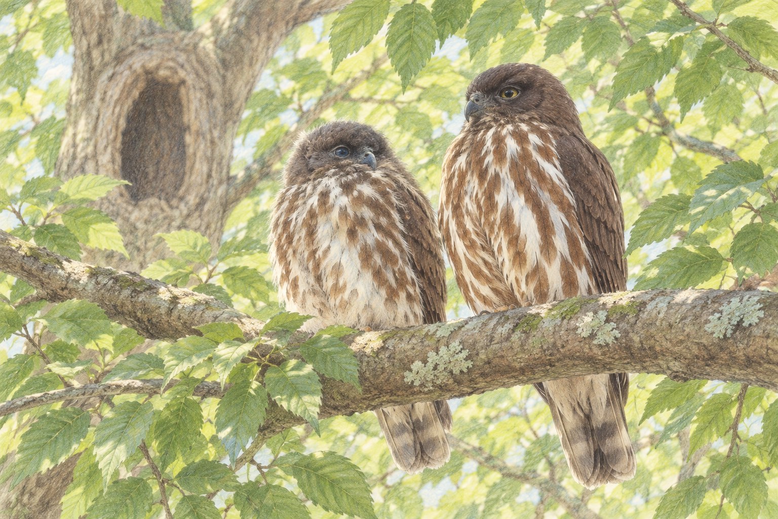 大木の枝に並ぶアオバズクの親鳥と幼鳥の色鉛筆画