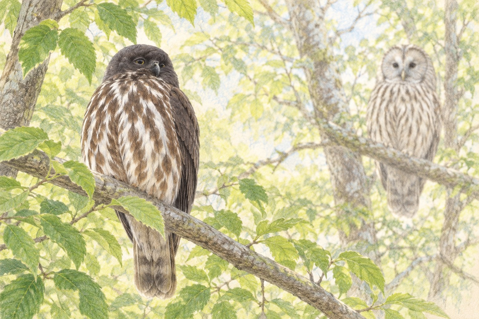 手前のアオバズクと奥のフクロウを描いた比較用色鉛筆画