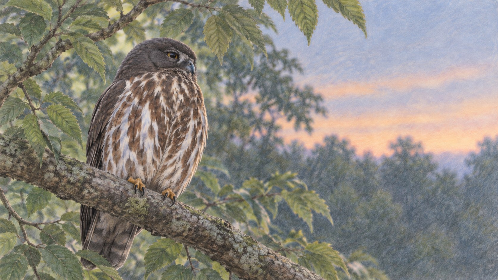 新緑の枝にとまるアオバズクの淡い色鉛筆画。暗褐色の頭と白・茶の胸模様