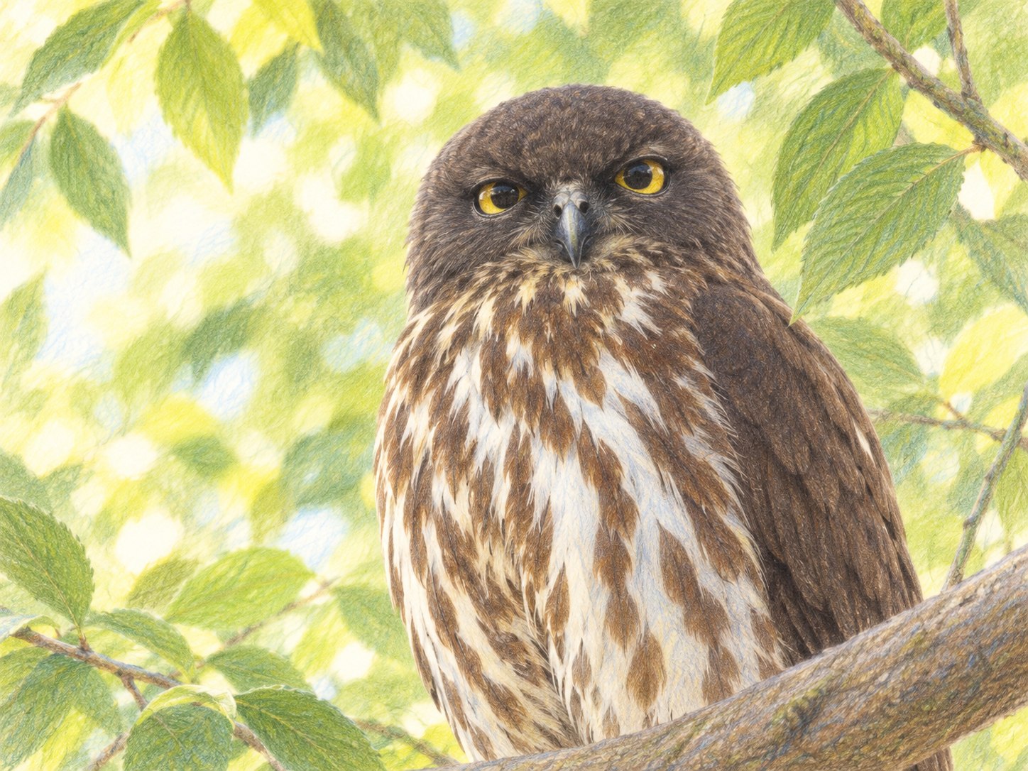 黄色い目と茶色い縦斑が見えるアオバズクの顔の色鉛筆画