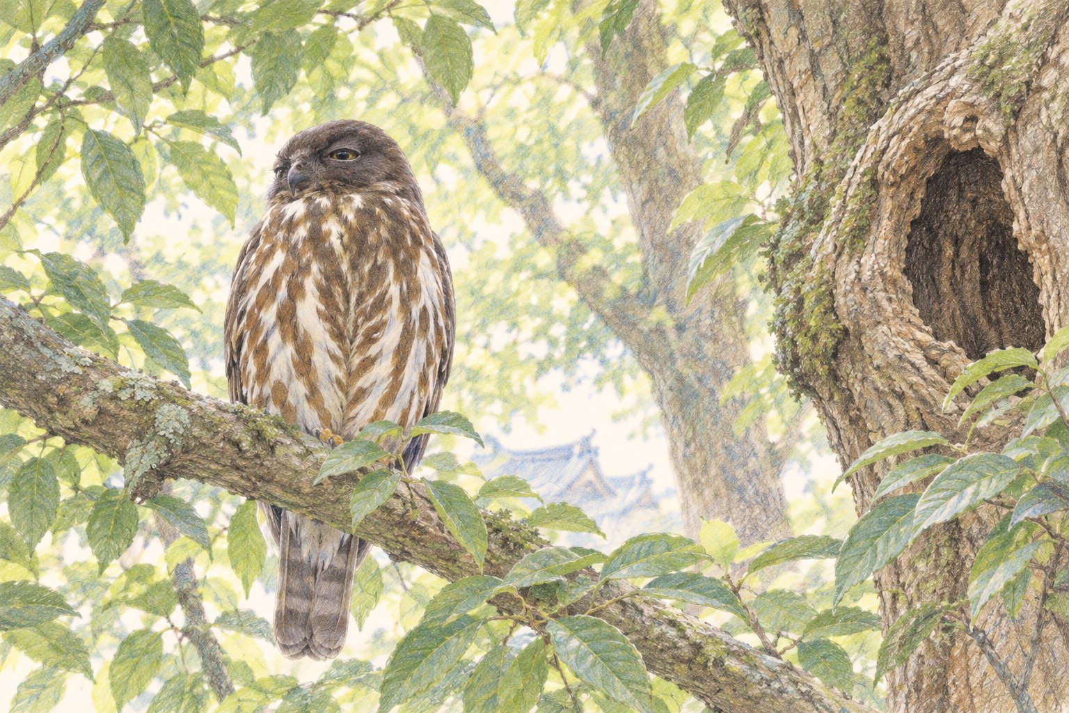 樹洞のある大木の近くで休むアオバズクの色鉛筆画