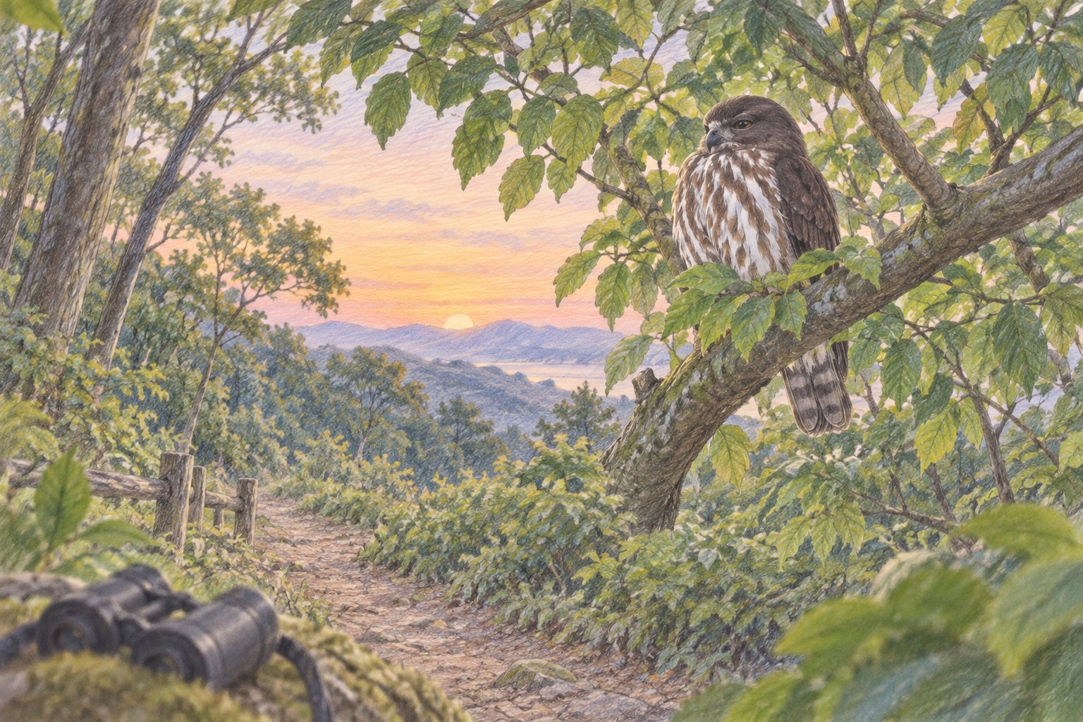 夕暮れの林で枝に休むアオバズクを遠くから眺める色鉛筆画