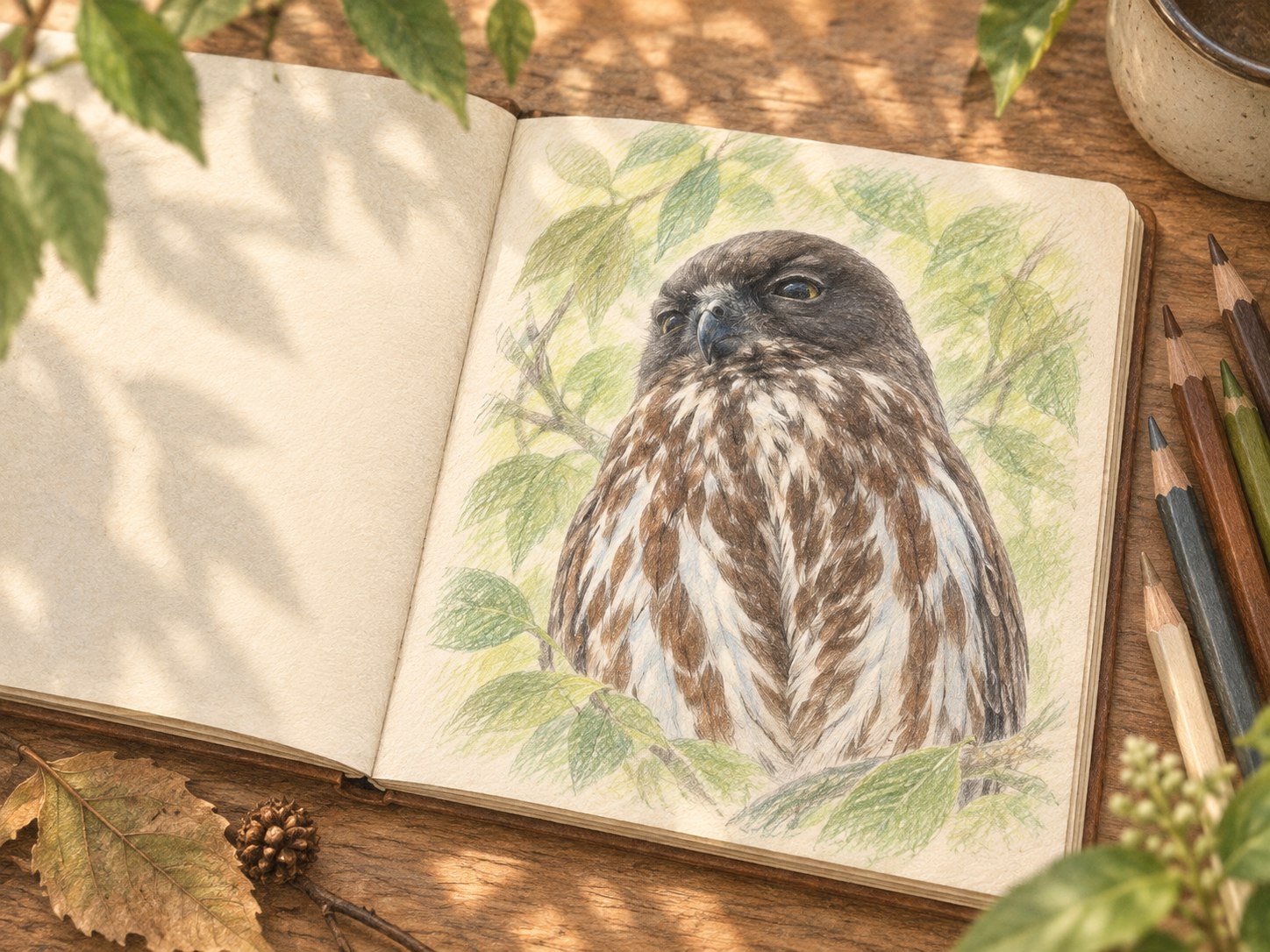 アオバズクの色鉛筆画を描いた自然観察ノート
