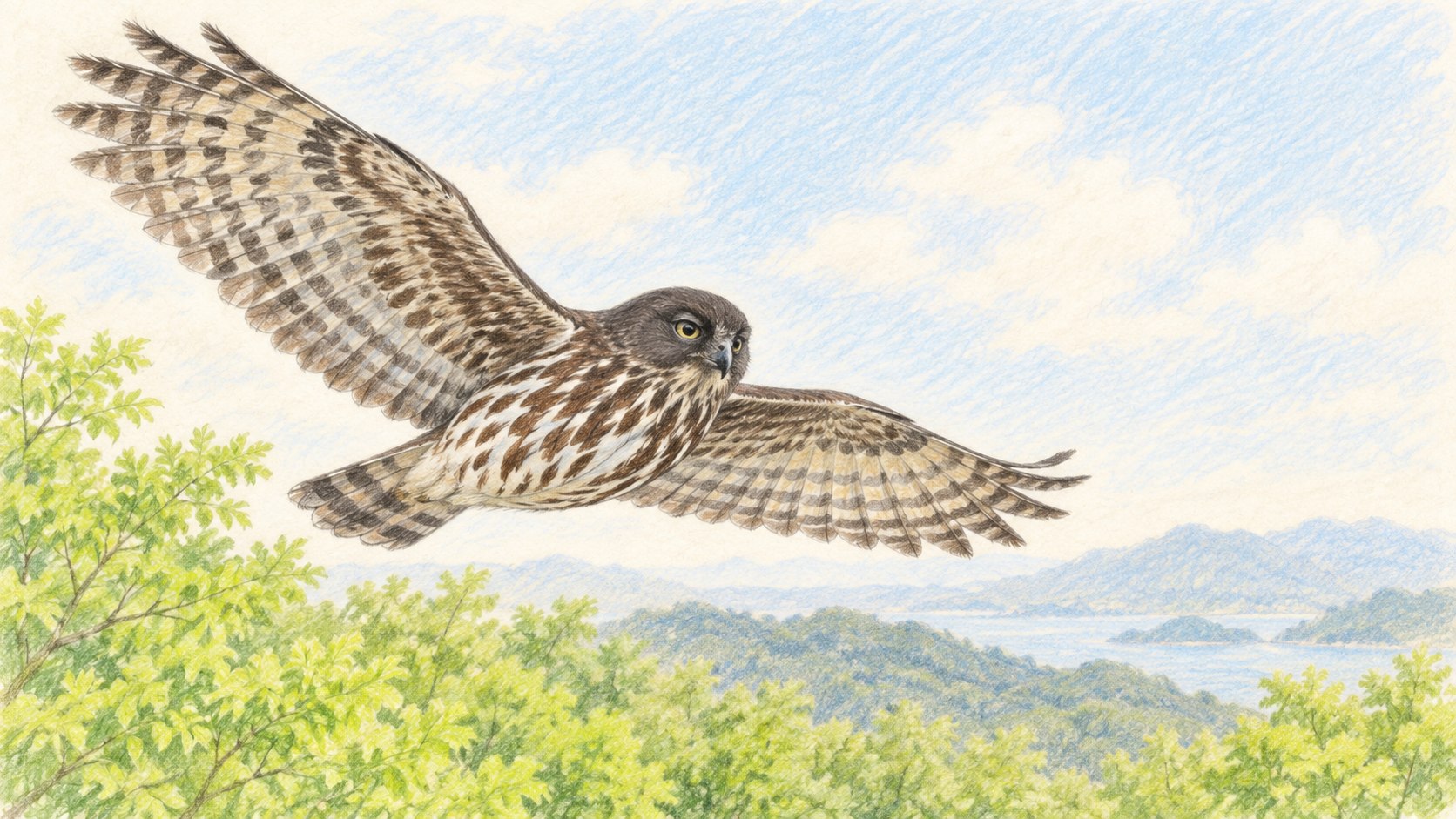 春の新緑の上を飛ぶアオバズクの淡い色鉛筆画