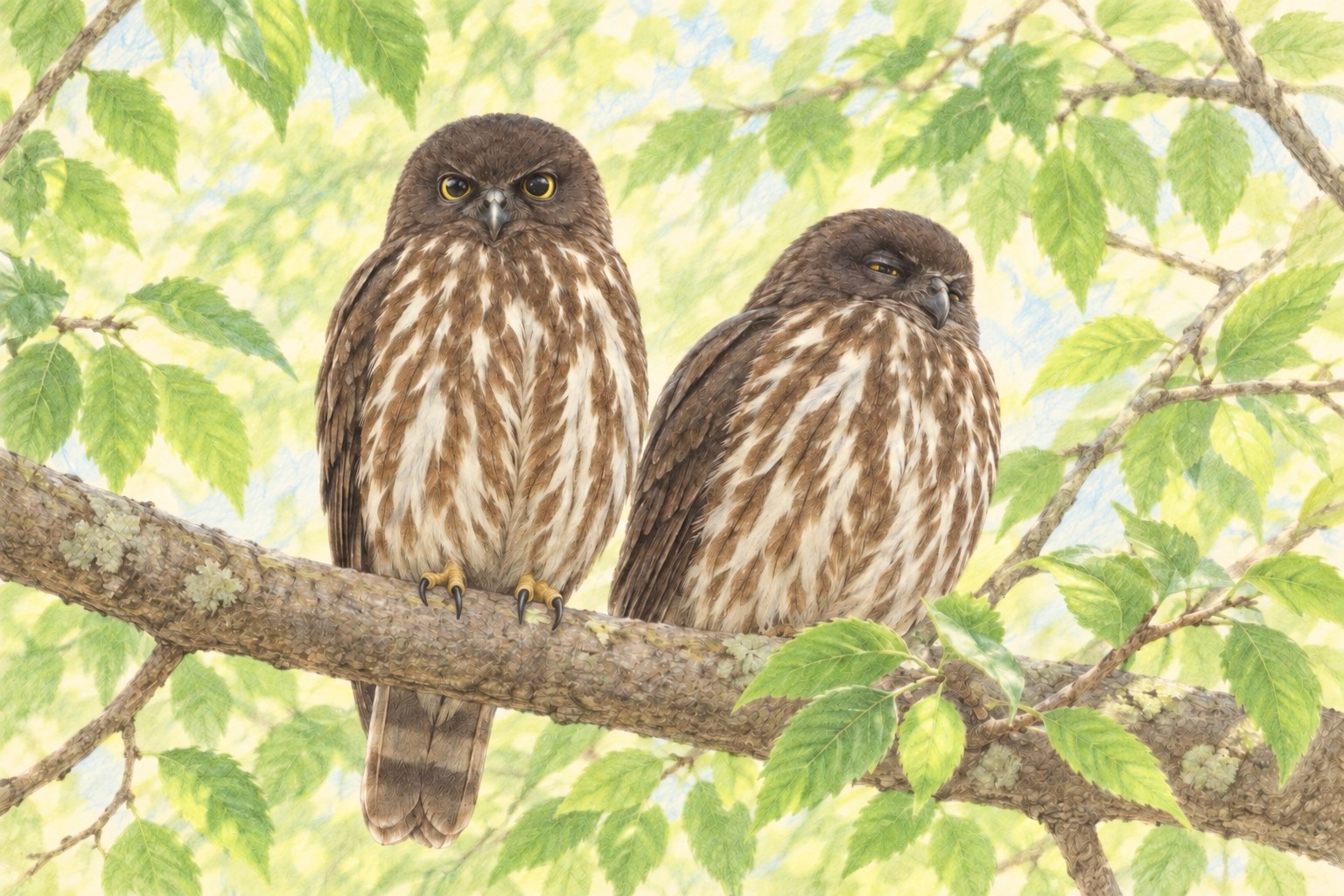 初夏の葉陰で並ぶ二羽のアオバズクの淡い色鉛筆画