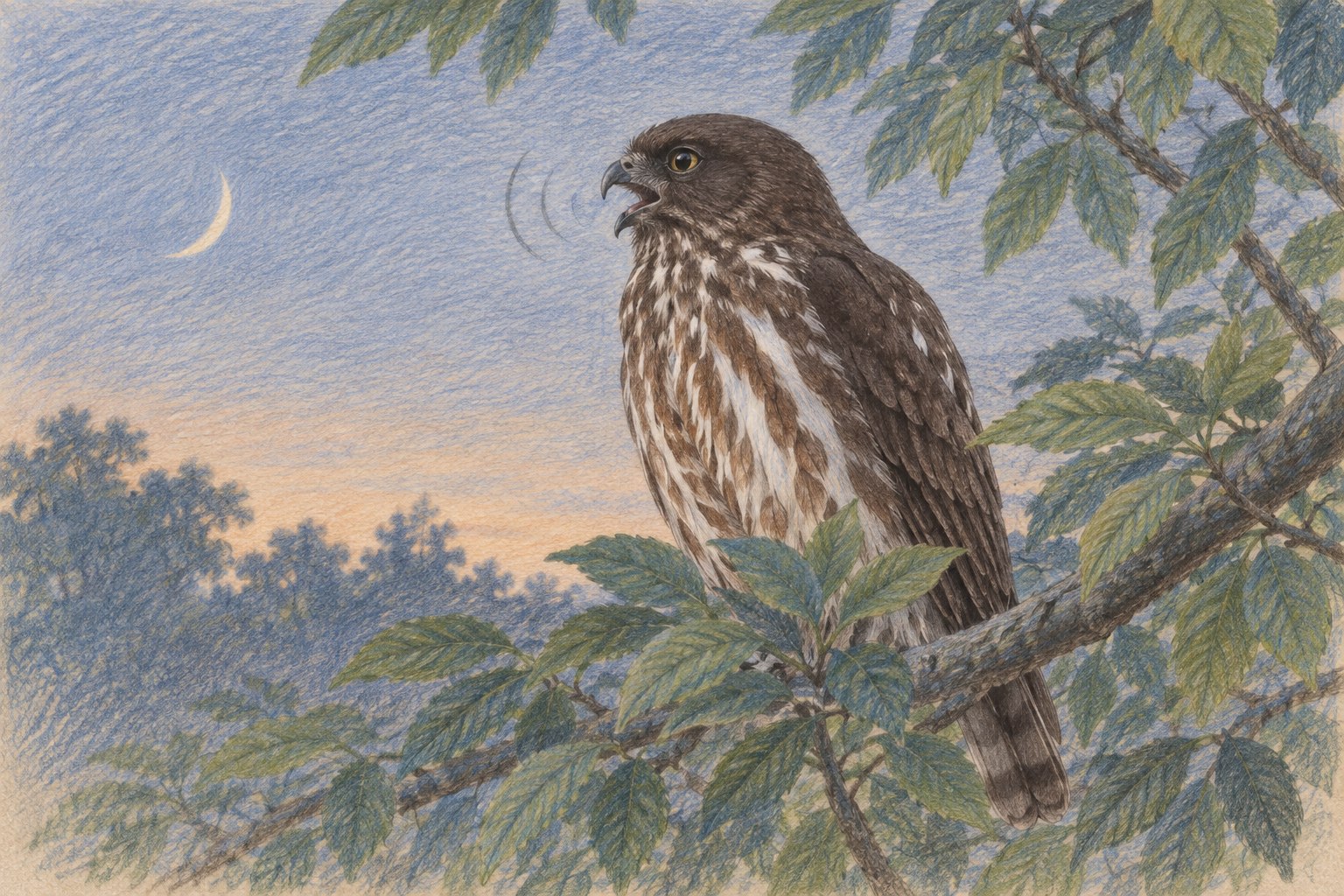 夕暮れの木で二声を繰り返して鳴くアオバズクの色鉛筆画