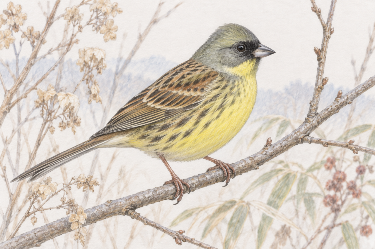 冬の低木の枝にとまるアオジのオス。灰緑色の頭と黄色いお腹が見える色鉛筆画