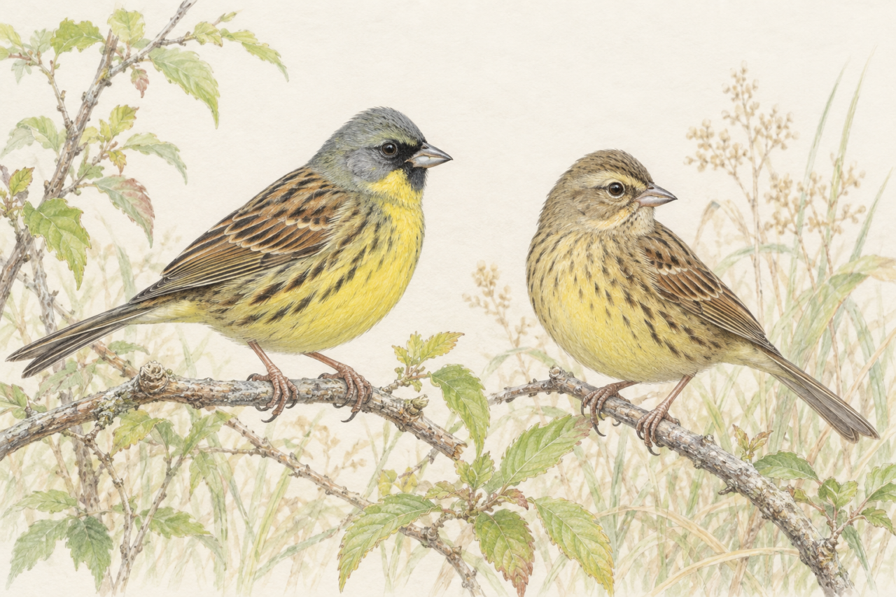 アオジのオスとメスを同じ大きさで並べた色鉛筆画。オスは灰緑色の頭と黒い目先、メスは淡い褐色の顔