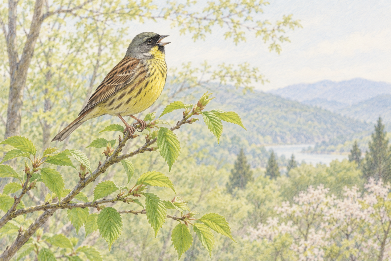 春の木の枝でくちばしを開いてさえずるアオジのオスの色鉛筆画