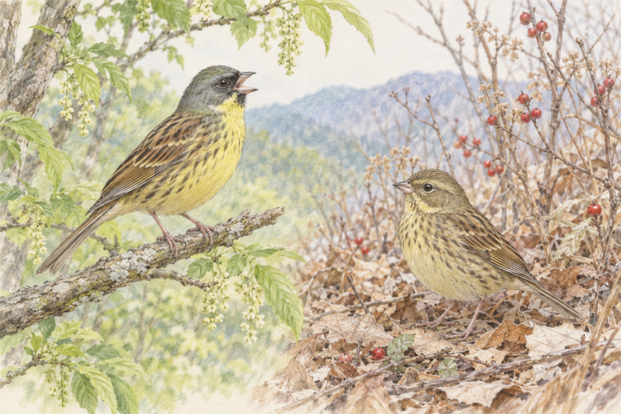春夏の林でさえずるアオジと冬の低木の下にいるアオジを左右に描いた色鉛筆画