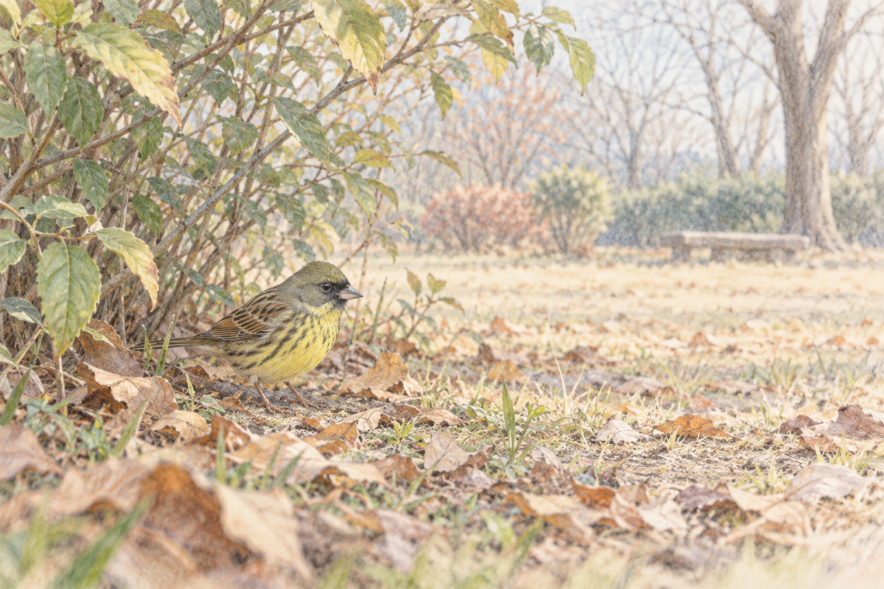 冬の公園の低い茂みのそばで地面を歩くアオジの色鉛筆画