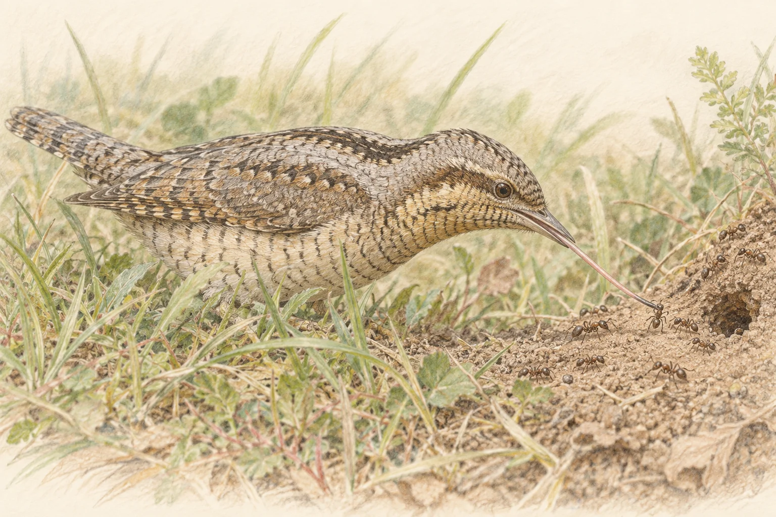 地面のアリを長い舌で捕らえるアリスイの色鉛筆画