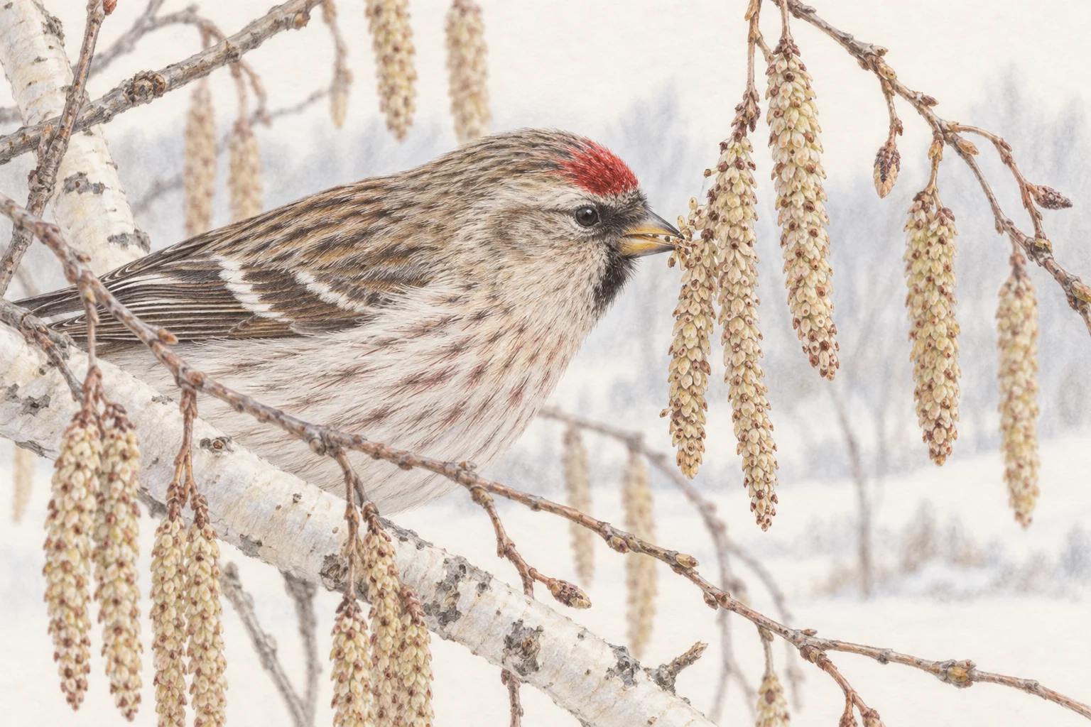 シラカバの細長い花穂から種子をついばむベニヒワの淡い色鉛筆画