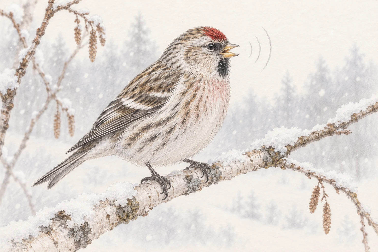 冬の木の枝でくちばしを開いて鳴くベニヒワの色鉛筆画