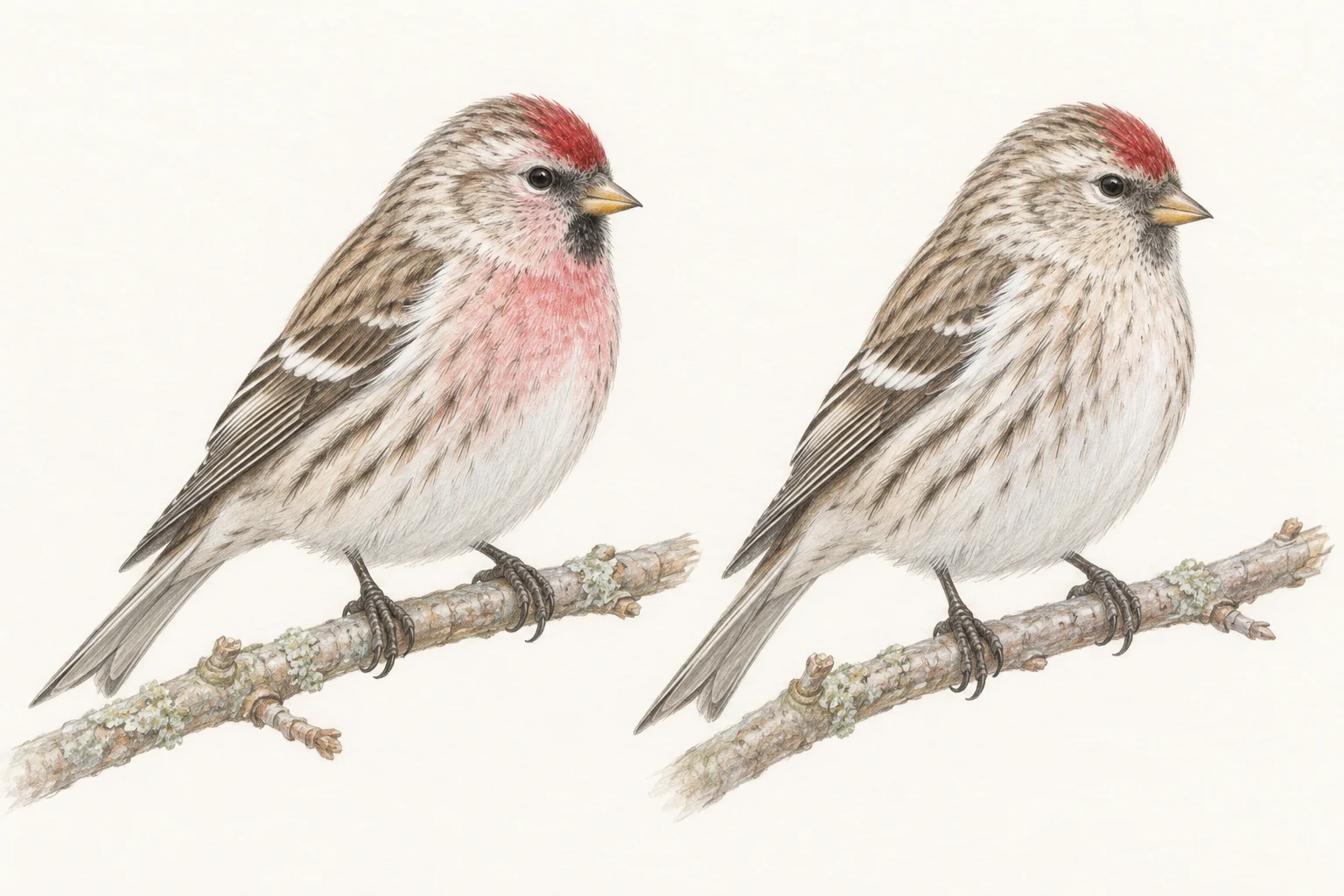 ベニヒワのオスとメスの色鉛筆画。両方とも額は赤く、オスの胸は赤みがありメスの胸は白っぽい