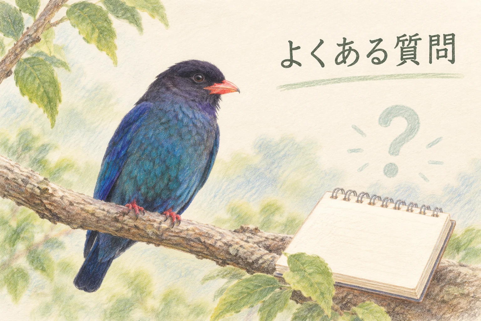 枝に止まるブッポウソウと野鳥観察ノートの色鉛筆画
